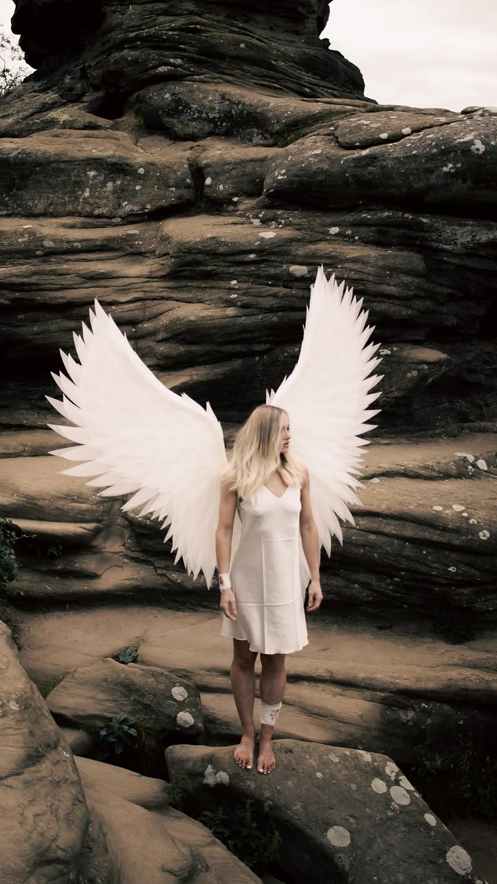 White angel wings against rocky landscape